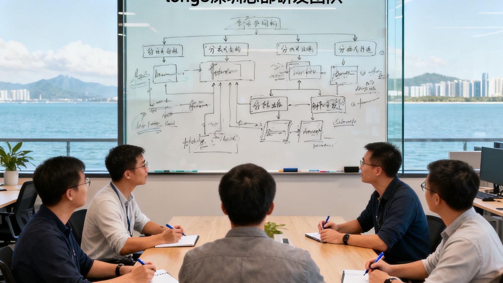 long8深圳总部研发团队在开放式办公区进行技术讨论的场景，白板上画满分布式架构草图，工程师们围坐在长桌前交流，窗外可见深圳湾海景