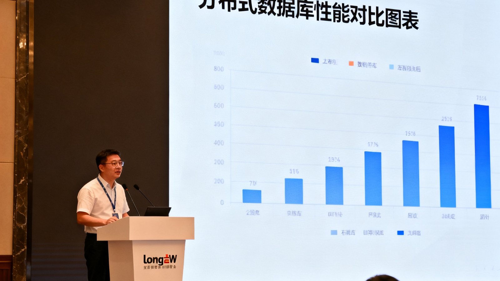 2025数据库技术峰会上long8技术副总裁发表主题演讲的现场照片，大屏幕展示分布式数据库性能对比图表